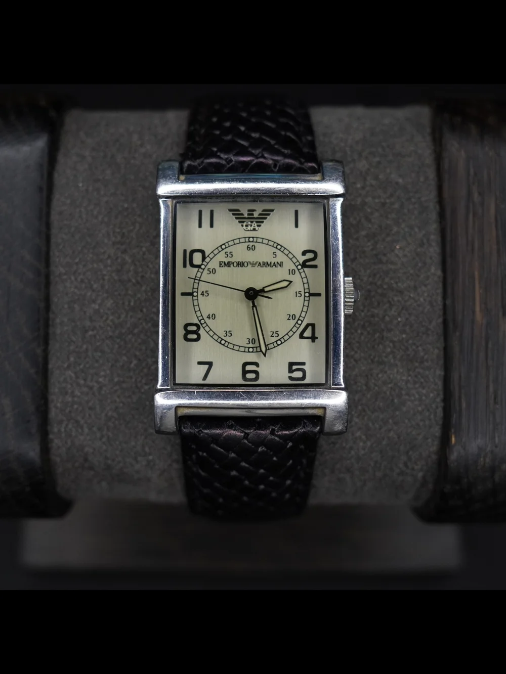 Emporio Armani AR-0211 Men's Tank Silver Dial Quartz Watch Black Leather